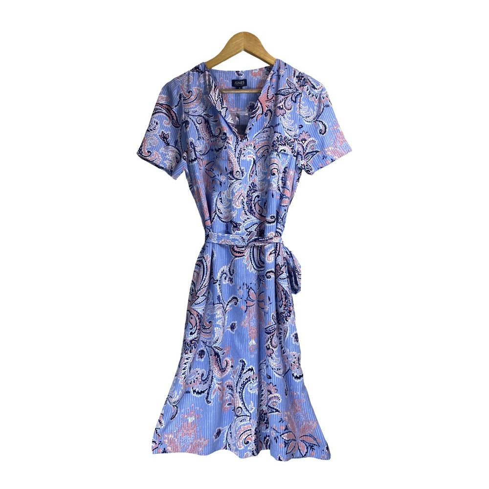 NWT Jones New York M Belted Paisley Midi Dress Pastel Blue Pink Pockets Relaxed